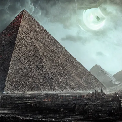 Prompt: a giant pyramid in an eldritch apocalyptic landscape covered in monstrosities by HR Giger, fantasy art, 4k, HDR, photorealistic, 8k, trending on artstation