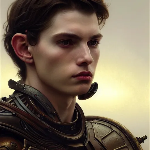 Image similar to portrait painting of a pale serious young man with a soft face and medium brown hair wearing armor, ultra realistic, concept art, intricate details, eerie, highly detailed, pursed lips, melancholy expression, photorealistic, octane render, 8 k, unreal engine. art by artgerm and greg rutkowski and charlie bowater and magali villeneuve and alphonse mucha