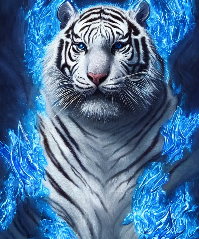 Image similar to a ultradetailed painting of a white tiger made of intricate ice crystals, surrounded with blue flames, volumetric lighting, crystalline, snowflakes, ornate, Greg rutkowski, Karol Bak.
