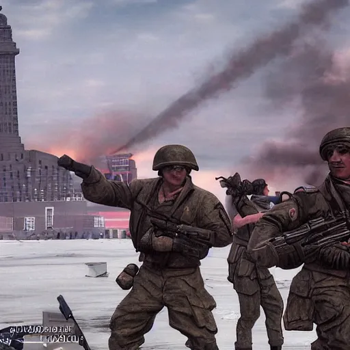 Image similar to The war between the Soviet Union and America, the action takes place in New York, far away against the background of the Statue of Liberty, a lot of soldiers and military equipment, a lot of explosions and tracer bullets, a lot of ruins, a very epic battle, The style of photography of the 80s, very detailed and detailed style