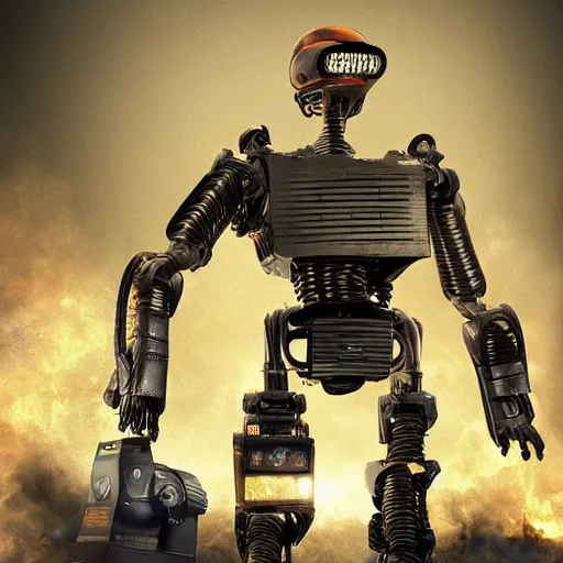 Image similar to toaster oven terminator robot, dark messy smoke - filled cluttered workshop, dark, dramatic lighting, orange tint, sparks, plasma charge, cinematic, highly detailed, sci - fi, futuristic, movie still