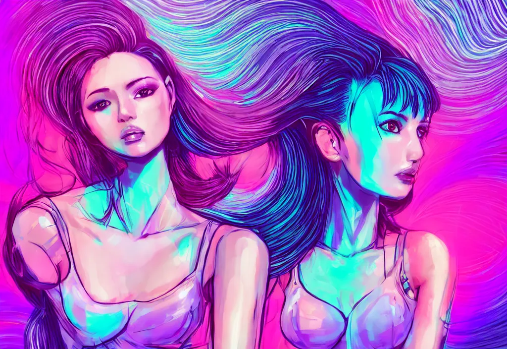 Image similar to a award winning half body portrait of a beautiful woman in a croptop and cargo pants with ombre purple pink teal hairstyle surrounded by whirling illuminated lines, outrun, vaporware, shaded flat illustration, digital art, trending on artstation, highly detailed, fine detail, intricate, sensual, elegant, seductive