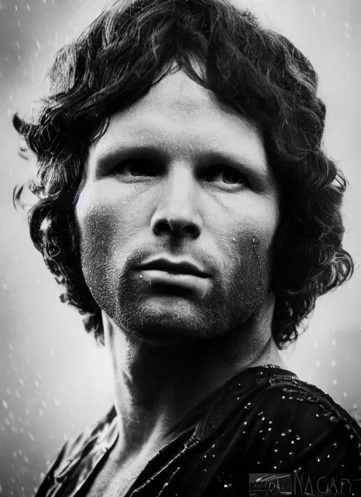 Image similar to jim morrison in real life, face centered portrait of jim morrison, confident, fog, rain, volumetric lighting, beautiful, golden hour, sharp focus, ultra detailed, cgsociety by leesha hannigan, ross tran, thierry doizon, kai carpenter, ignacio fernandez rios, noir art house, 4 k, 3 5 mm, fujifilm