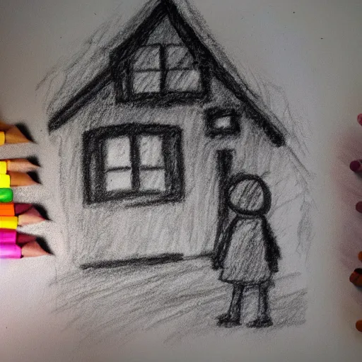 Image similar to crayon drawing, house on fire, little girl, fading parents, holding hands