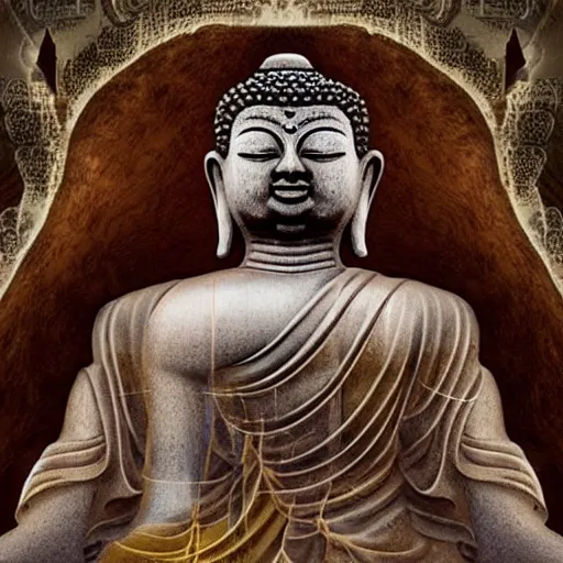 Image similar to An incredibly huge and influential statue of buddha found after years of contemplating, travelling and exploring in lucid dreams finally leading towards the answer to the question you didn't even know you had, digital art, fantastical details, amazing artwork, award winning