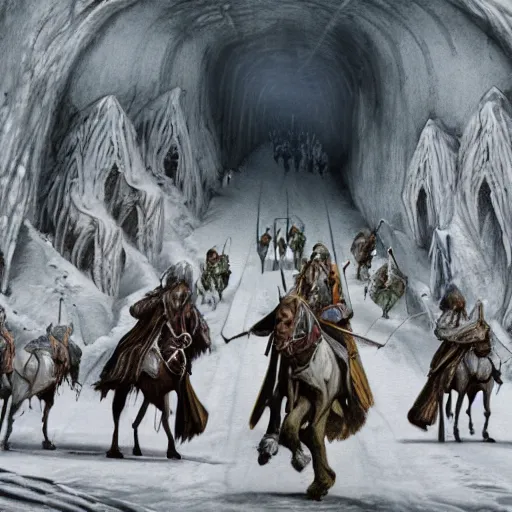 Prompt: followship of the ring entering moria moutain