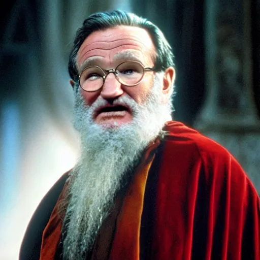 Image similar to Robin Williams playing Dumbledore in Harry Potter, screenshot