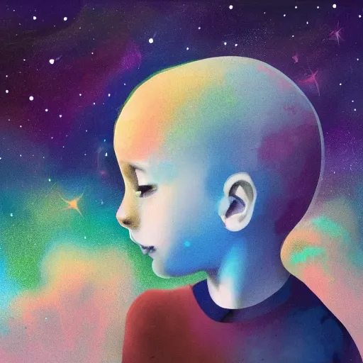 Image similar to a kid thinking of the universe, digital painting, elegant color palette