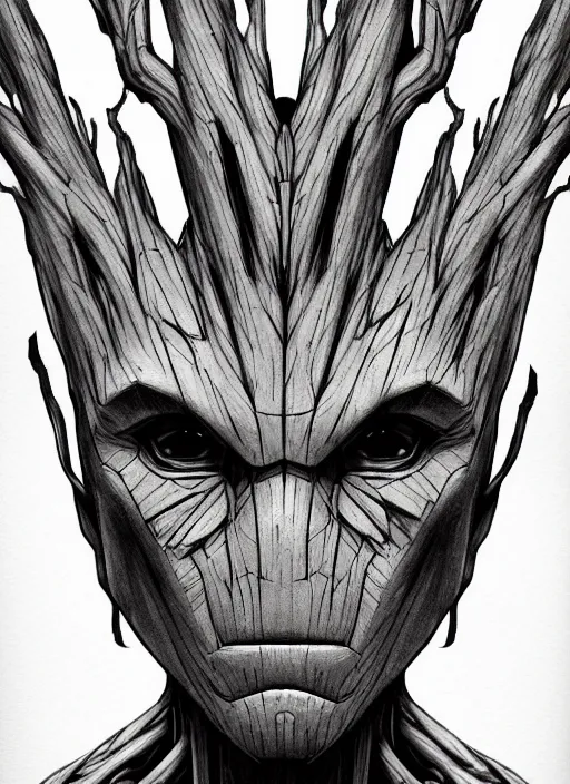 Image similar to symmetry concpet art, full shot, traditional ink, sketch, of groot, line sketch, intricate, elegant, highly detailed, monochrome, digital painting, artstation, concept art, sharp focus, illustration, art by borderlands 3 and peter polach