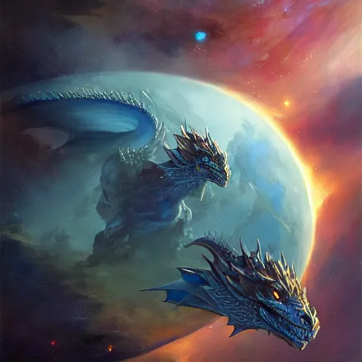 Prompt: Gigantic blue scaled dragon devouring an earth like planet while flying in space, European four-legged dragon, sun system, nebula, oil painting, by Fernanda Suarez and Edgar Maxence and Greg Rutkowski