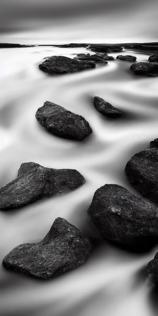 Image similar to minimalist black and white photograph of an icelandic, canyons, time exposure, of a river, large sharp rocks,