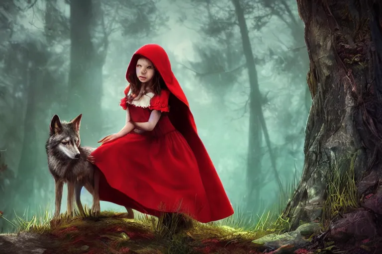 Prompt: an epic fantasy comic book style portrait painting of an extremely cute and adorable very beautiful little red riding hood sitting on a wolf, riding on a wolf through the forest, unreal 5, daz, hyperrealistic, octane render, cosplay, rpg portrait, dynamic lighting, intricate detail, summer vibrancy, cinematic