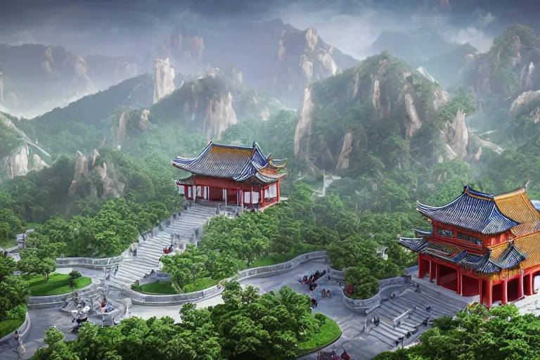 Prompt: Neoclassical architecture colored Ancient Chinese fusion buildings. On top of the great Tianzi Mountains. Realistic Fantasy Render.