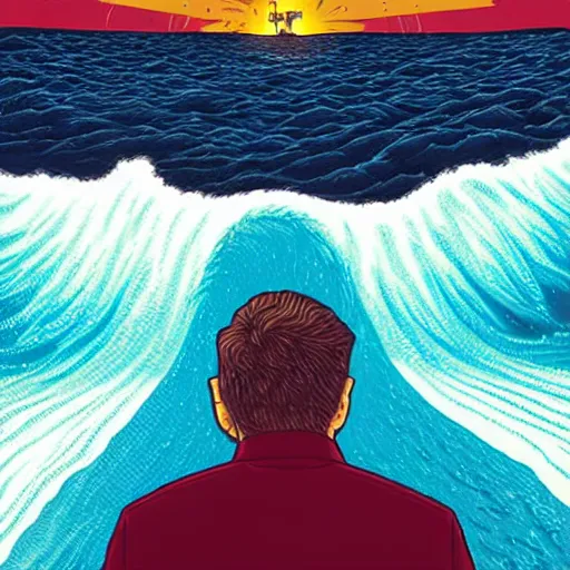 Image similar to a man standing in front of a giant wave, poster art by Jeffrey Smith, behance contest winner, pop surrealism, concert poster, poster art, movie poster