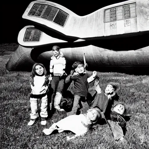 Prompt: a group of kids in the 1990’s find a fallen spaceship. Wide angle lens. 85mm lens. Award winning photograph.