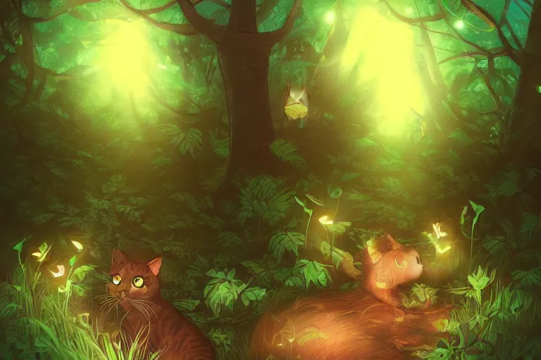 Prompt: a cat in a forest at night with fireflies, backlighting, trending on artstation, furry art, by kawacy, warm lighting, digital art