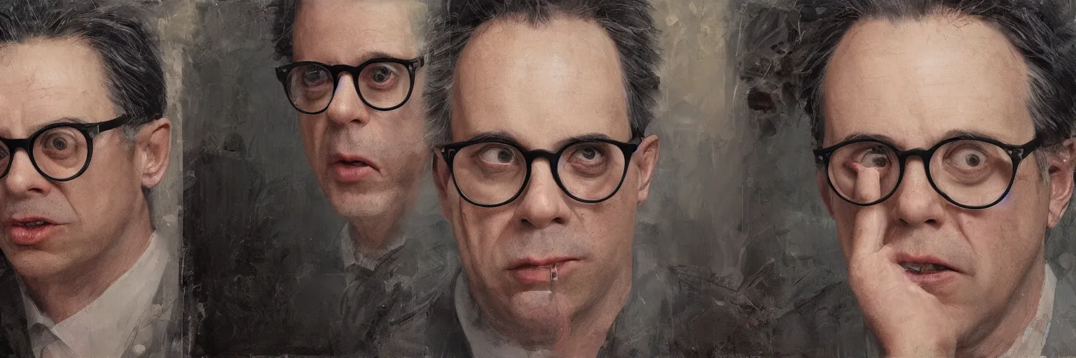 Prompt: colorful oil painting of character faces, realistic todd solondz turning into daniel day lewis, melting, glasses, disturbed, character sheet, fine details, concept design, contrast, kim jung gi, greg rutkowski and da vinci, 8 k, emotional, face turnaround 3 6 0, front view, back view, side view, ultra wide angle