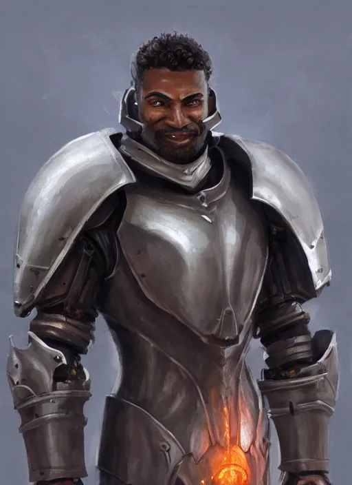 Prompt: medium-length portrait of a male paladin with short curly hair and a salt-and-pepper beard, dark brown skin, happy expression, wears a suit of power armor, magitech, nirvash, powered by an arcane core, medieval setting, highly detailed, digital painting, artstation, concept art, sharp focus, illustration, art by greg rutkowski and alphonse mucha
