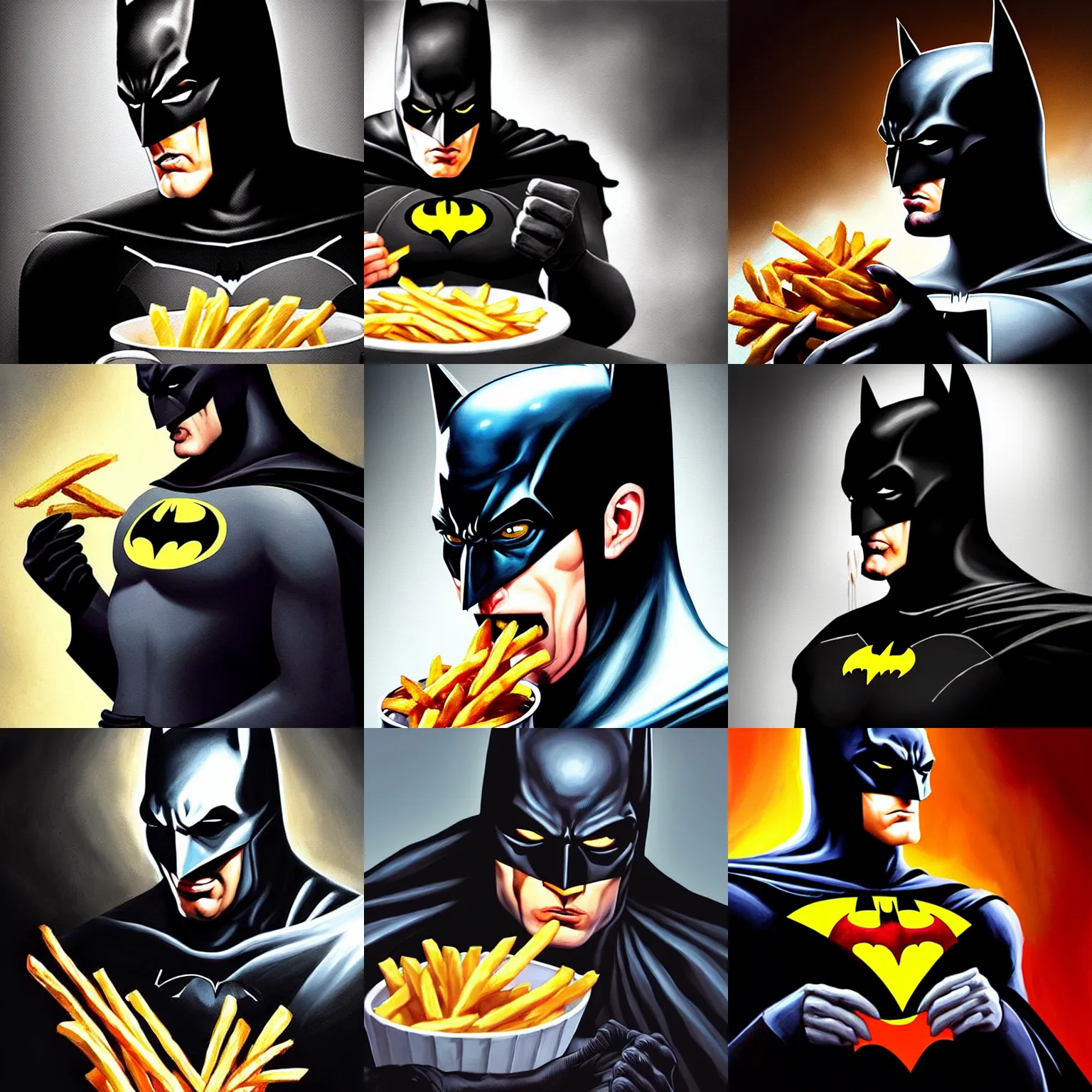 Prompt: beautiful painting of confused batman eating french fries, highly detailed, digital painting, dramatic lighting, artstation, concept art, sharp focus