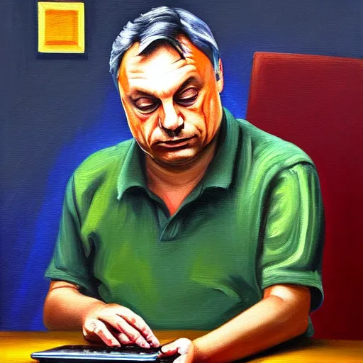 Image similar to viktor orban javascript programming with a laptop in a cubicle, oil painting