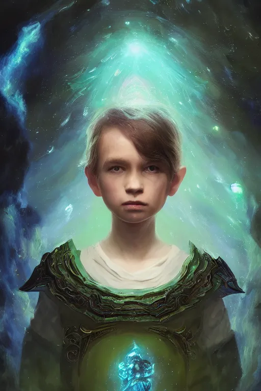 Image similar to a fancy portrait of a small celestial child in a blue and green portal to another dimension by greg rutkowski, sung choi, mitchell mohrhauser, maciej kuciara, johnson ting, maxim verehin, peter konig, bloodborne, 8 k photorealistic, cinematic lighting, hd, high details, dramatic, dark atmosphere, trending on artstation