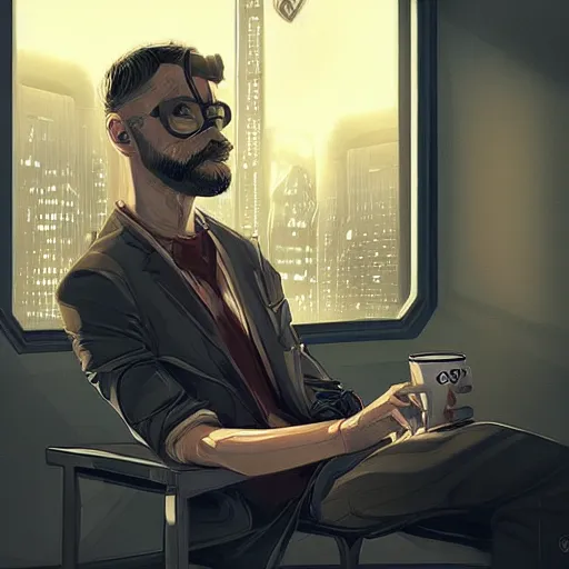 Prompt: portrait of a handsome software developer having a cup of coffee. cyberpunk style, digital art artstation cgsociety