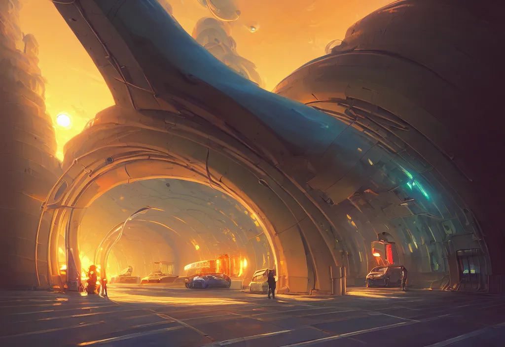 Prompt: chubby futuristic tunnel entrance, golden hour, intricate oil painting, high detail illustration, sharp high detail, manga and anime 1 9 9 9, official fanart behance hd artstation by jesper ejsing and makoto shinkai, 4 k,