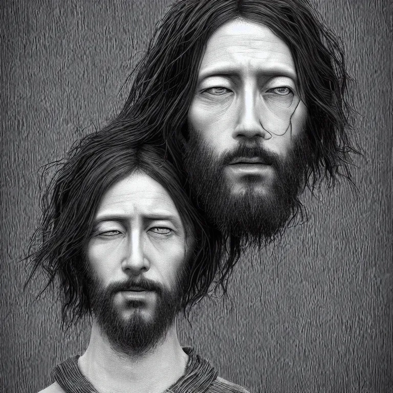 Prompt: surreal portrait of Jesus Christ by Shintaro Kago, beautiful detailed intricate insanely detailed BW 3D render digital art, octane render, 8K artististic portrait photography