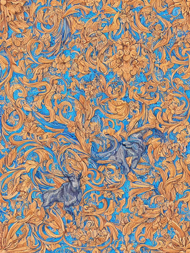 Prompt: beautiful decorative ornament with spirit goats, decorative design, classical ornament, bilateral symmetry, symmetrical, highly detailed digital painting by james jean, soey milk, complementary colors