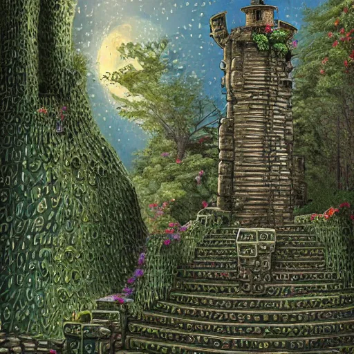 Image similar to ruins of a tower covered in creepers, beautiful, intricate, detailed, digital art painting