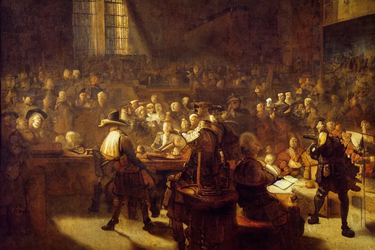Prompt: trial in the hague, by rembrandt and bartholomeus van der helst, mix of styles, treasure planet color scheme, realism, masterpiece