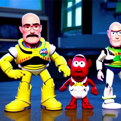 Prompt: walter white and jesse wearing lab gear in toy story