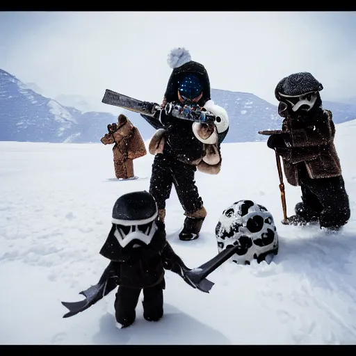 Image similar to baby steampunk snowtroopers on hoth having a snowball fight, action still, by cameldeath