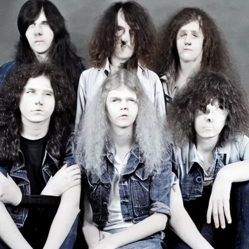 Image similar to group of 1 9 - year - old boys and girls with shaggy wavy hair, wearing double denim, proto - metal band promo, heavy rock band promo photo, early heavy metal, 1 9 7 5 photo