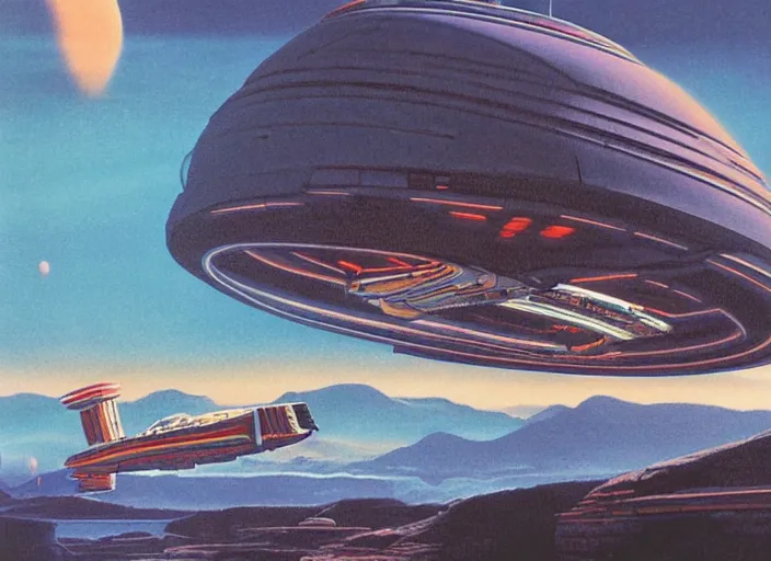 Prompt: a spaceship in a stunning landscape by angus mckie
