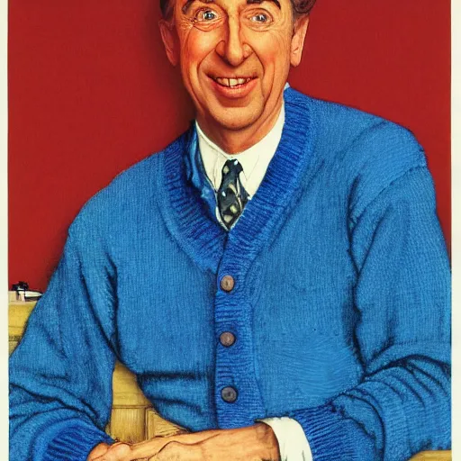 Image similar to norman rockwell painting of mr. rodgers wearing a blue cardigan