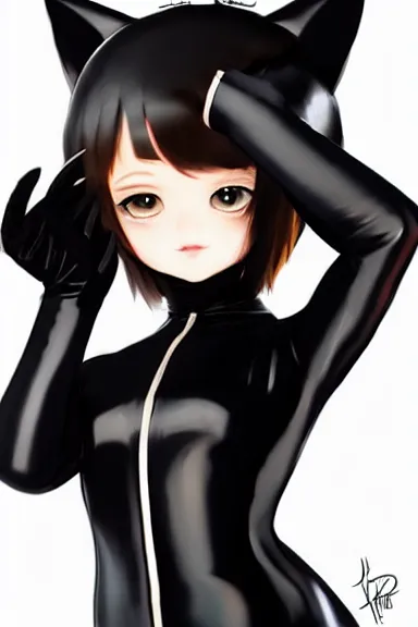 Image similar to little boy in black latex suit with cape an cat ears, artwork made by ilya kuvshinov