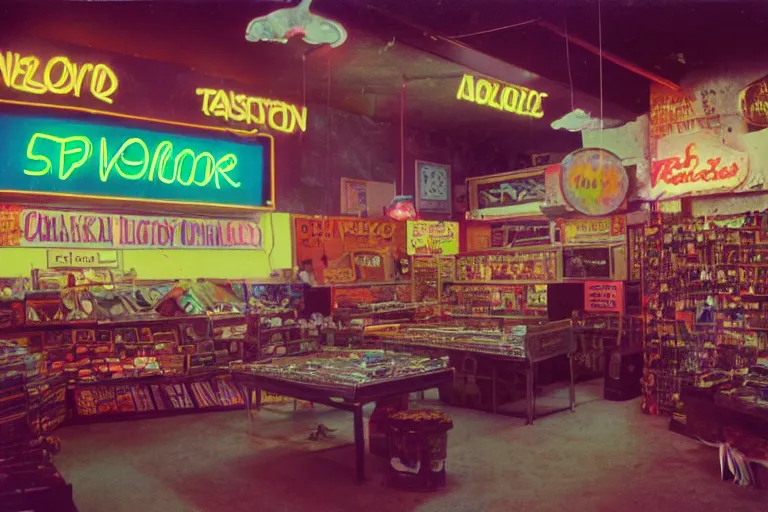 Image similar to Velociraptor shopping, inside of a 1970s music store store, neon lights, dirty, ektachrome photograph, volumetric lighting, f8 aperture, cinematic Eastman 5384 film