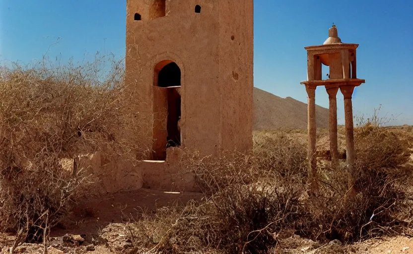 Image similar to movie still: in a desert, a ruined Mexican bell tower. In the foreground lies a bell, half-buried in the ground, by David Bailey, Cinestill 800t 50mm eastmancolor, heavy grainy picture, very detailed, high quality, 4k, HD criterion, precise texture