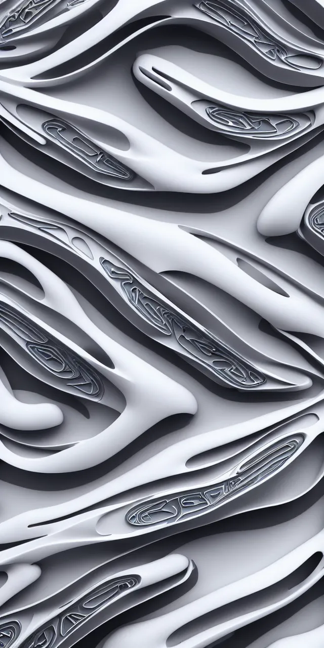 Prompt: A seamless pattern of close-up of 3D futuristic sci-fi white and chrome-plated concept cars by zaha hadid, close-up, detail shot, ash thorp khyzyl saleem, karim rashid, 3D, futuristic car, Blade Runner 2049 film, large patterns, Futuristic, Symmetric, Hajime Sorayama, Marc Newson, keyshot product render, plastic ceramic material, shiny gloss water reflections, High Contrast, metallic polished surfaces, seamless pattern, white , grey, black and aqua colors, Octane render in Maya and houdini, vray, ultra high detail ultra realism, unreal engine, 4k in plastic dark tilt shift