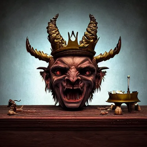 Prompt: ~ ~ a demon!!!!! with a crown and white horns!!!!! sitting on top of a table ~ ~, a character portrait by vladimir kush!, @ zbrush central # contest winner, fantasy art, @ zbrush, # dystopian art, # rococo