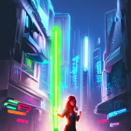 Image similar to a girl holding a lightsaber in a neon cyberpunk city at night, art station, digital art, cinematic, artgerm