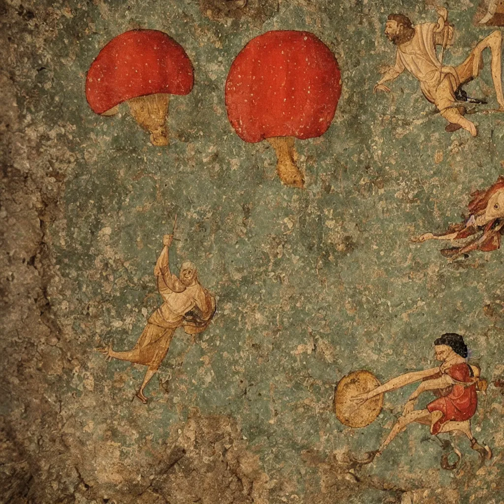 Prompt: medieval fresco of a man riding on top of an amanita muscaria mushroom