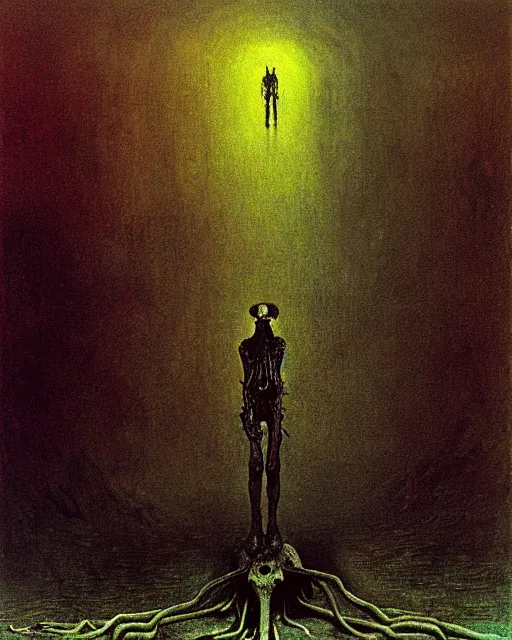 Image similar to full-body creepy realistic central composition, a decapitated soldier with futuristic elements. he welcomes you into the fog with no head, dark dimension, empty helmet inside is occult mystical symbolism headless full-length view. standing in ancient gate eldritch energies disturbing frightening eerie, artwork by Salvador Dali, Beksiński, Van Gogh and Monet.