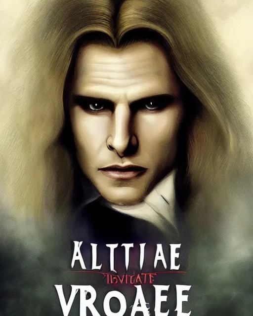 Prompt: alternate cover art for the movie interview with a vampire starring a long haired blonde tom cruise as lestat de lioncourt portrait, face centered, schmuck, regal, confident, unused design, night time, fog, colonial era street, volumetric lighting, realistic illustration, perfectly shaded, soft painting, art by krenz cushart and wenjun lin