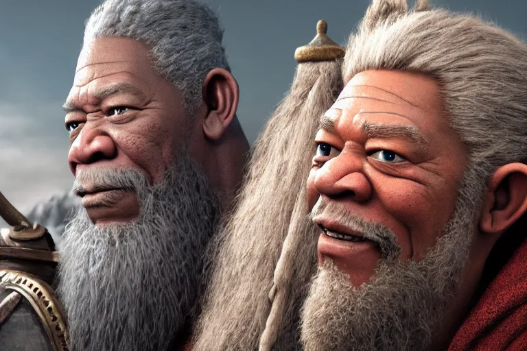 Prompt: morgan freeman starring as gimli in lord of the rings, still from a pixar movie, high quality 3 d render, movie, pixar, renderman, 4 k, artstation