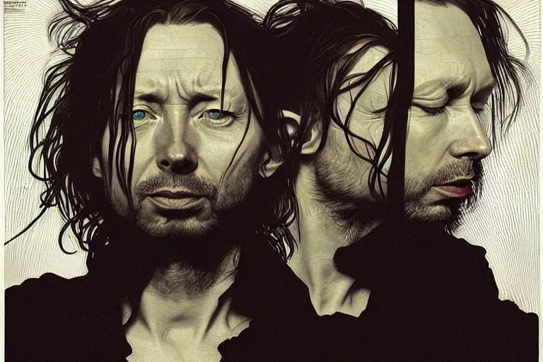 Image similar to hyper realistic portrait of thom yorke singer songwriter, side, liminal space, by lee bermejo, alphonse mucha and greg rutkowski, obese head