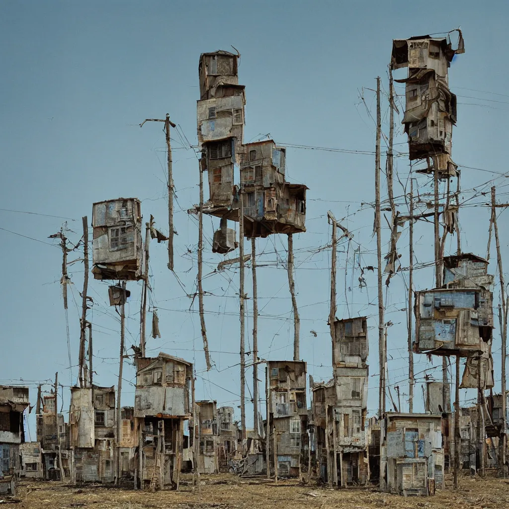 Prompt: close - up towers made up of makeshift squatter shacks with faded colours, plain uniform light blue sky, dystopia, mamiya, very detailed, ultra sharp, photographed by john chiara