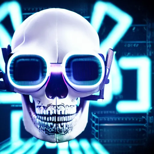 Prompt: a skull with a vr headset in a cyberpunk aesthetic, 4 k, with the exact word pixel written on the headset