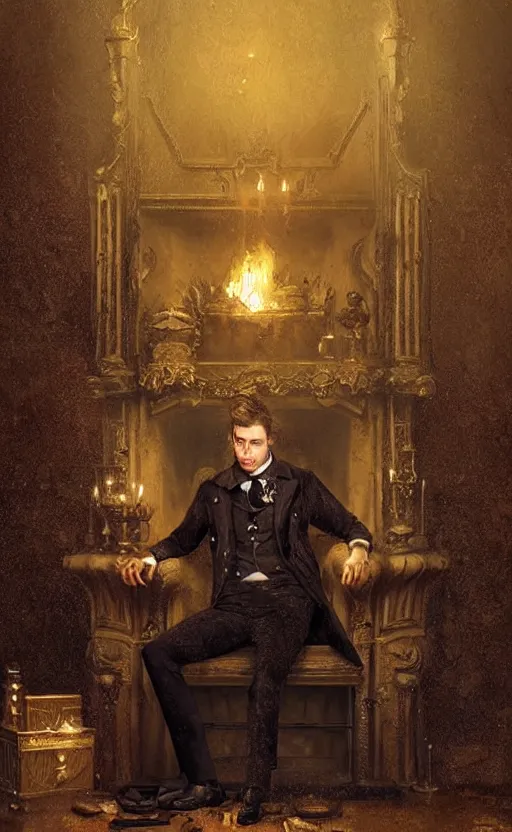 Prompt: portrait of a victorian aristocrat sitting by a fireplace, victorian male, detailed face, fantasy, highly detailed, cinematic lighting, digital art painting by greg rutkowski